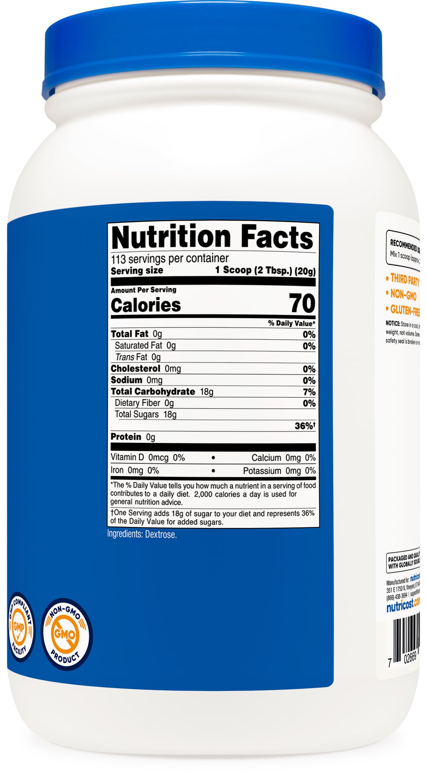 Nutricost Dextrosa fabricada en instalación certificada NSF y GMP para calidad