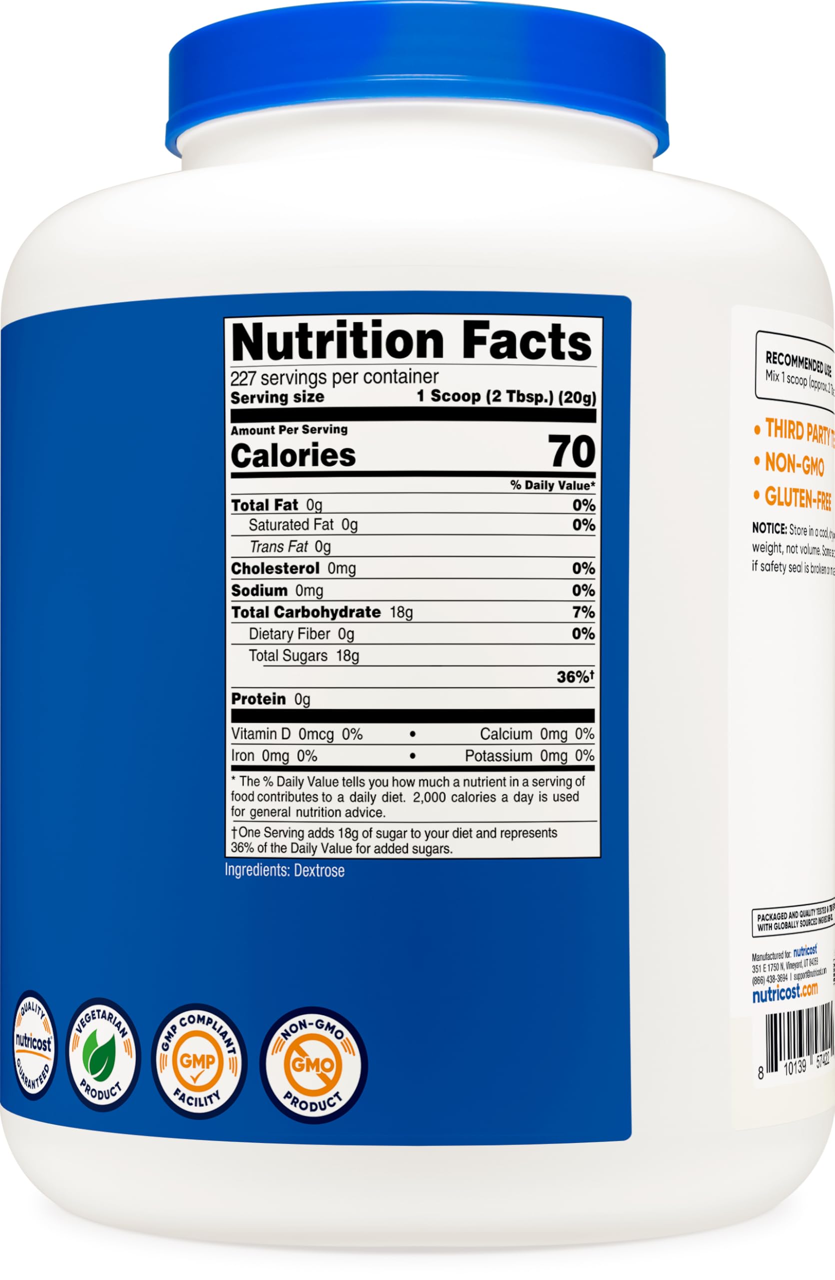 Nutricost Dextrosa para uso diario, añade sabor y energía suave.
