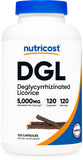 Nutricost DGL: botella de cápsulas de 500 mg para ingesta diaria.
