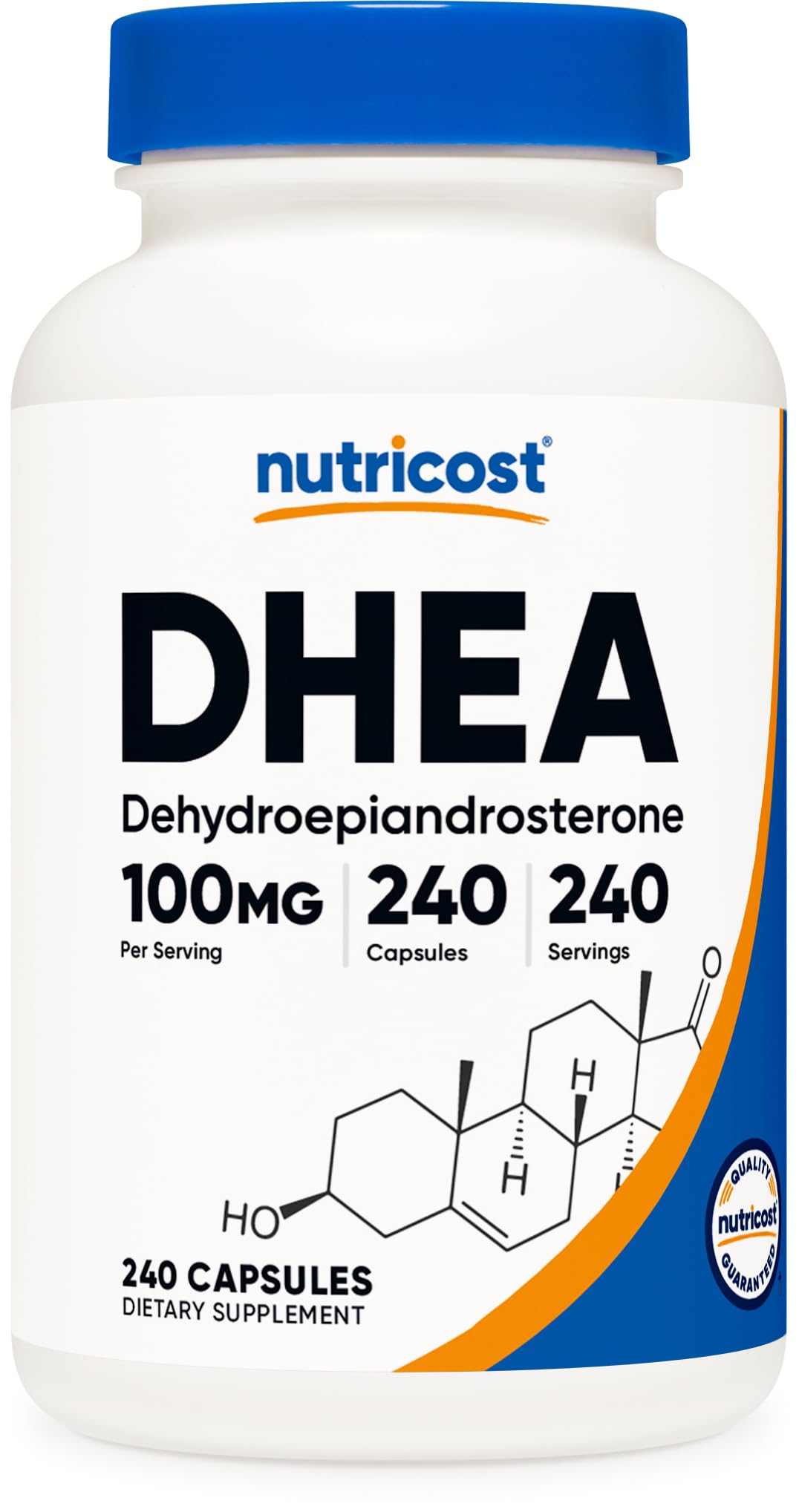 Nutricost DHEA: cápsulas de 100 mg en botella, convenientes para uso diario.