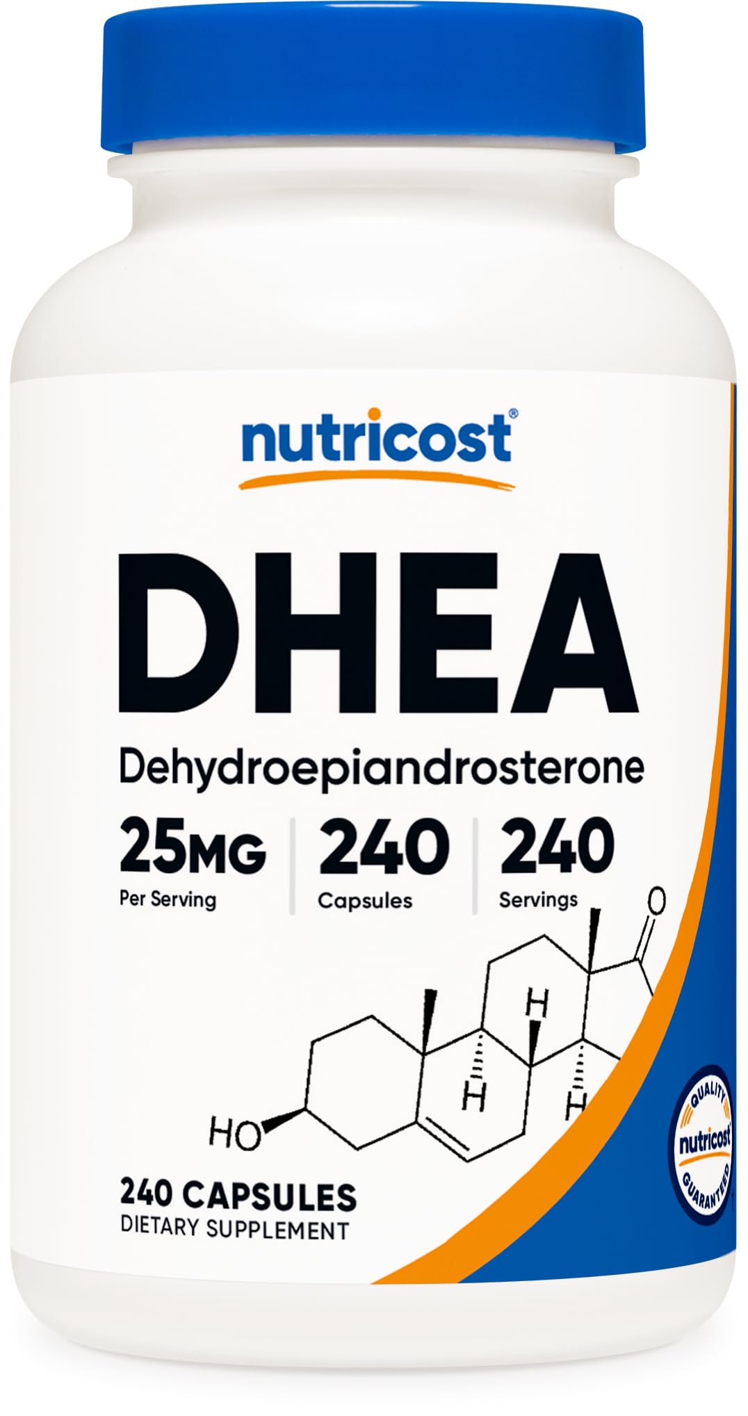 Nutricost DHEA 25mg en bote frontal, apoyo al bienestar diario.