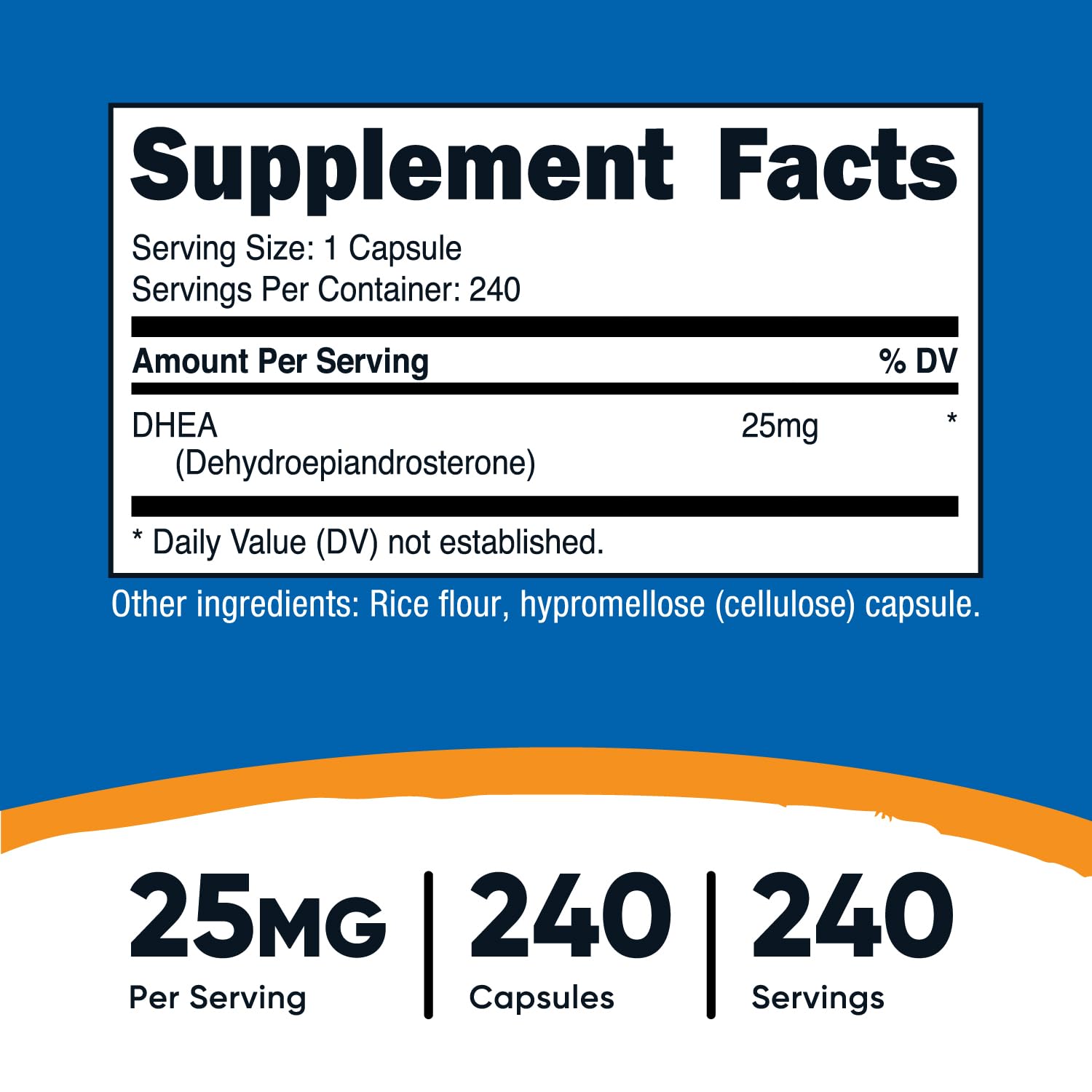 Nutricost DHEA 25mg, etiqueta frontal, dosis clara para uso diario.