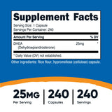 Nutricost DHEA 25mg, etiqueta frontal, dosis clara para uso diario.