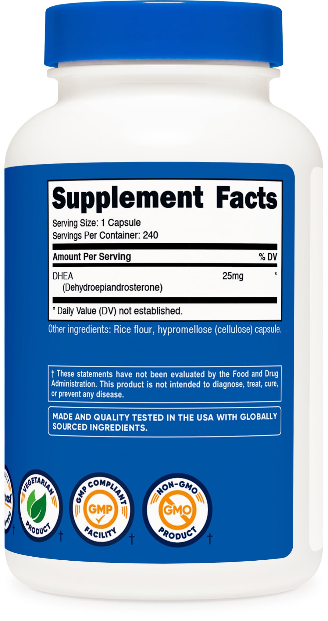 Nutricost DHEA 25mg, uso diario, cápsulas fáciles de tragar.