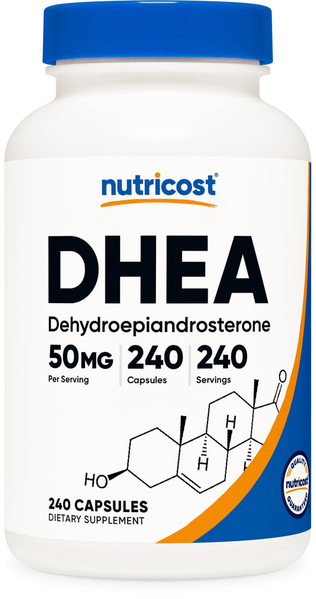 Botella Nutricost DHEA 50 mg para uso diario.