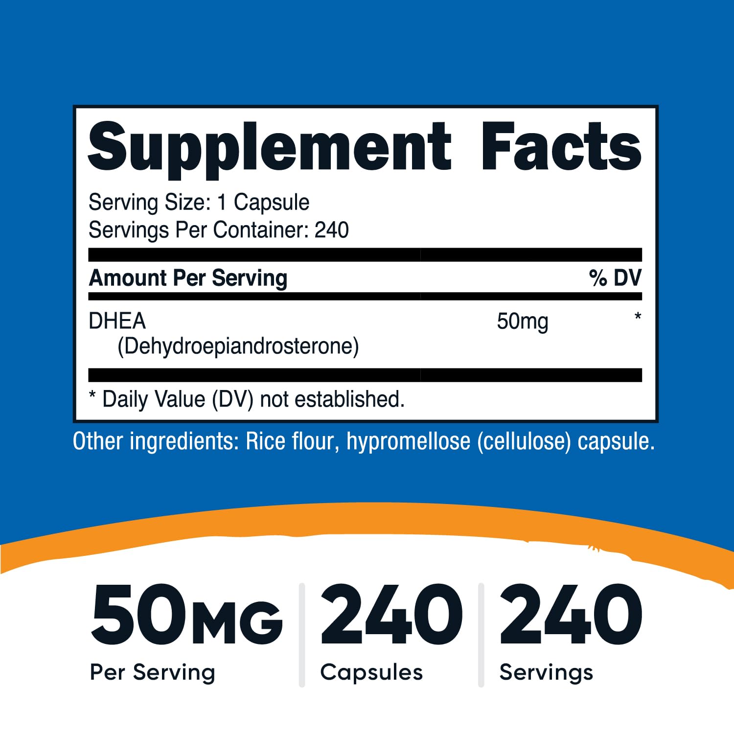Cápsulas Nutricost DHEA 50 mg, dosis diaria clara.