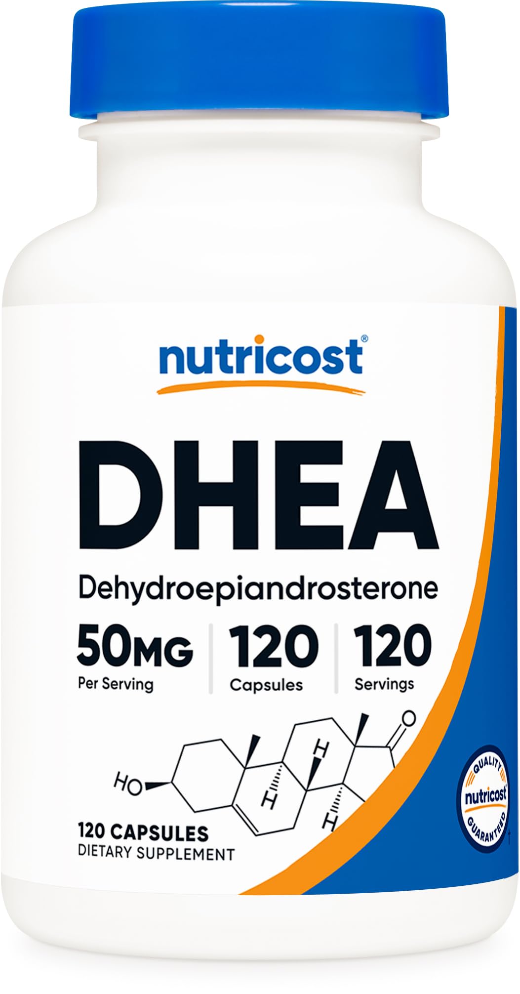 Nutricost DHEA 50 mg envase: presentación práctica para uso diario.
