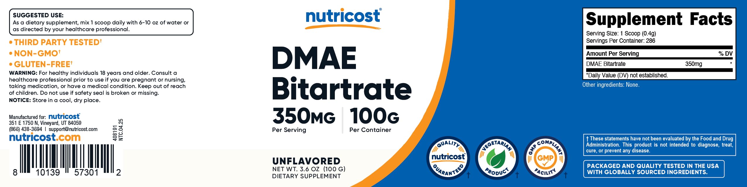 Caja de almacenamiento Nutricost DMAE-Bitartrate, mantiene la pureza y la frescura.
