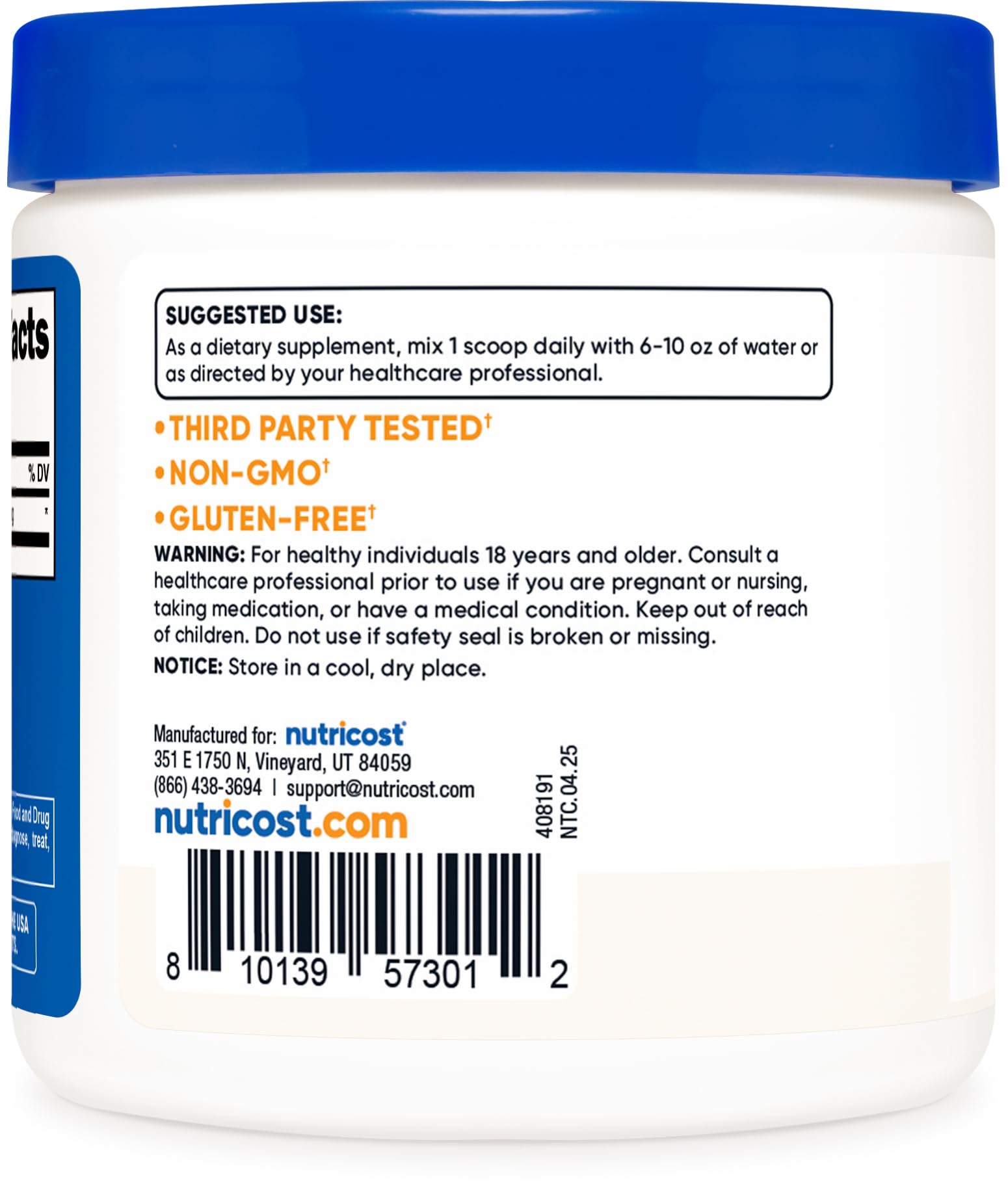 Etiqueta Nutricost DMAE-Bitartrate: ingredientes claros y uso recomendado.