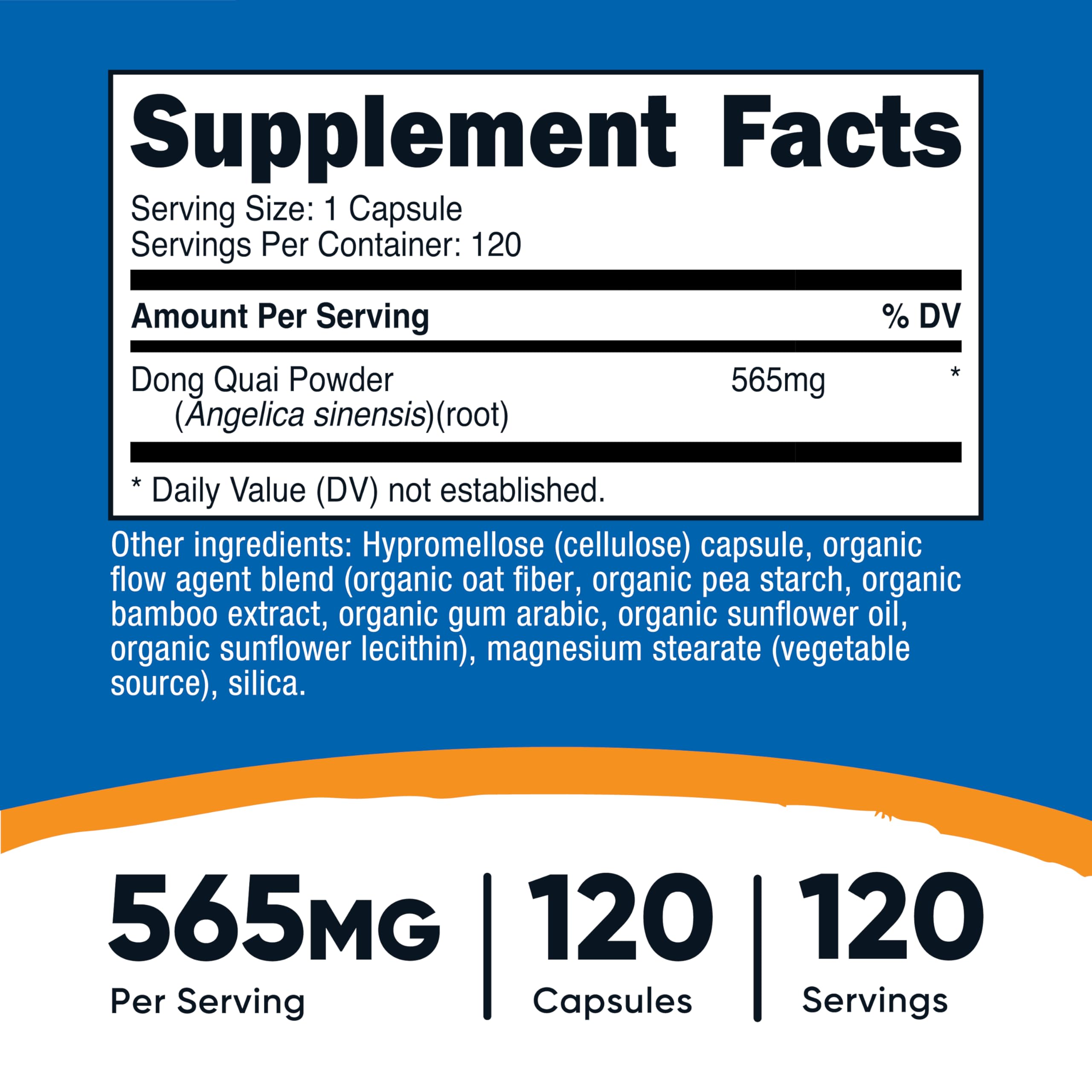 Nutricost Dong Quai botella con 120 cápsulas para suministro estable.