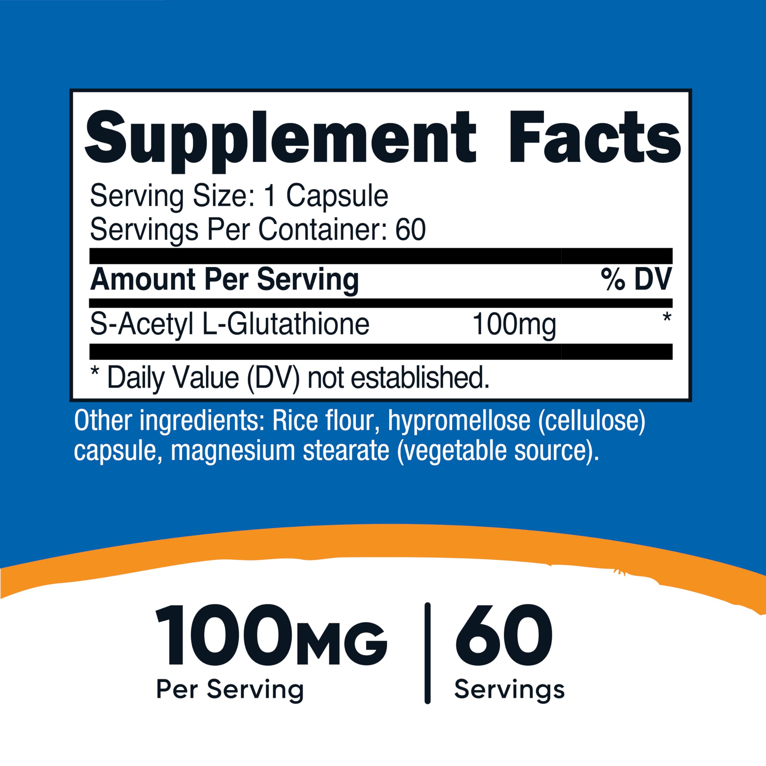 Nutricost S-Acetil L-Glutatión, cada cápsula aporta 100 mg, dosis constante.