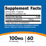 Nutricost S-Acetil L-Glutatión, cada cápsula aporta 100 mg, dosis constante.