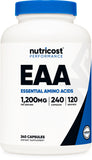 Nutricost EAA Cápsulas 1200mg, botella para uso diario de aminoácidos.