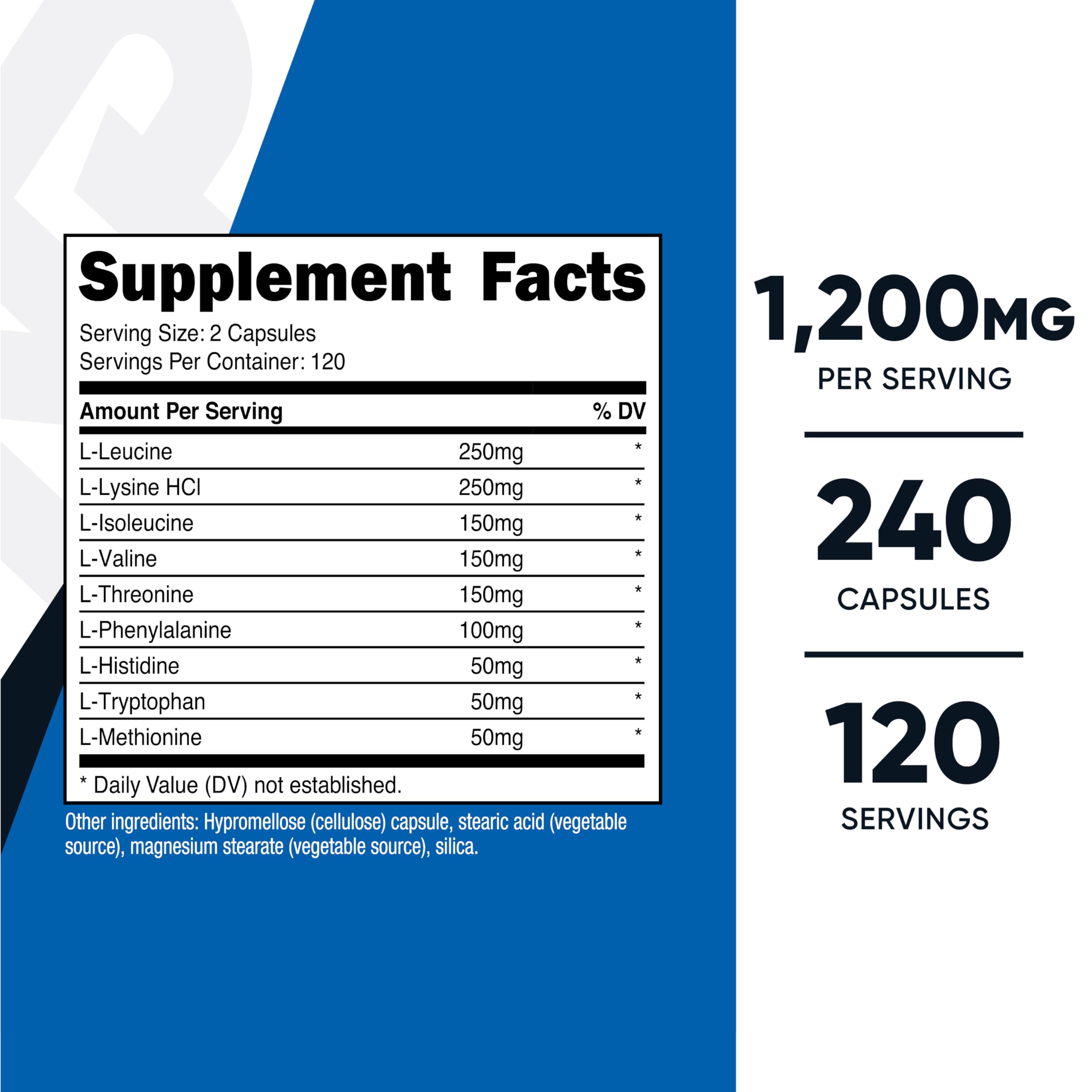Etiqueta frontal de Nutricost EAA Cápsulas para elegir aminoácidos.