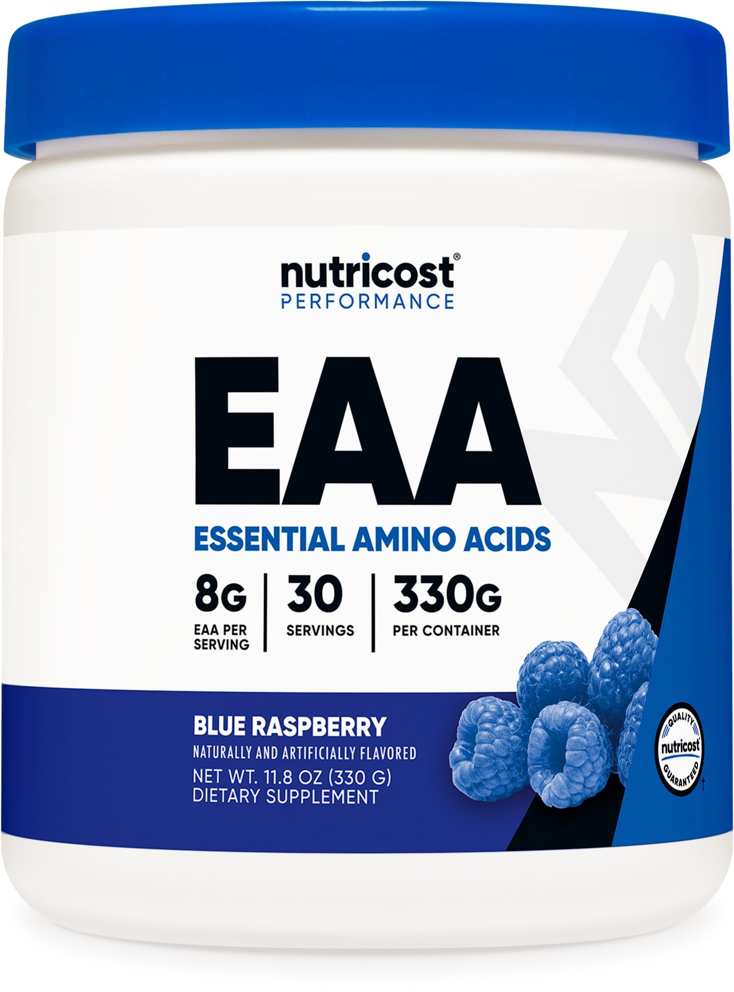 Nutricost polvo de aminoácidos esenciales en botella para recuperación posentrenamiento.