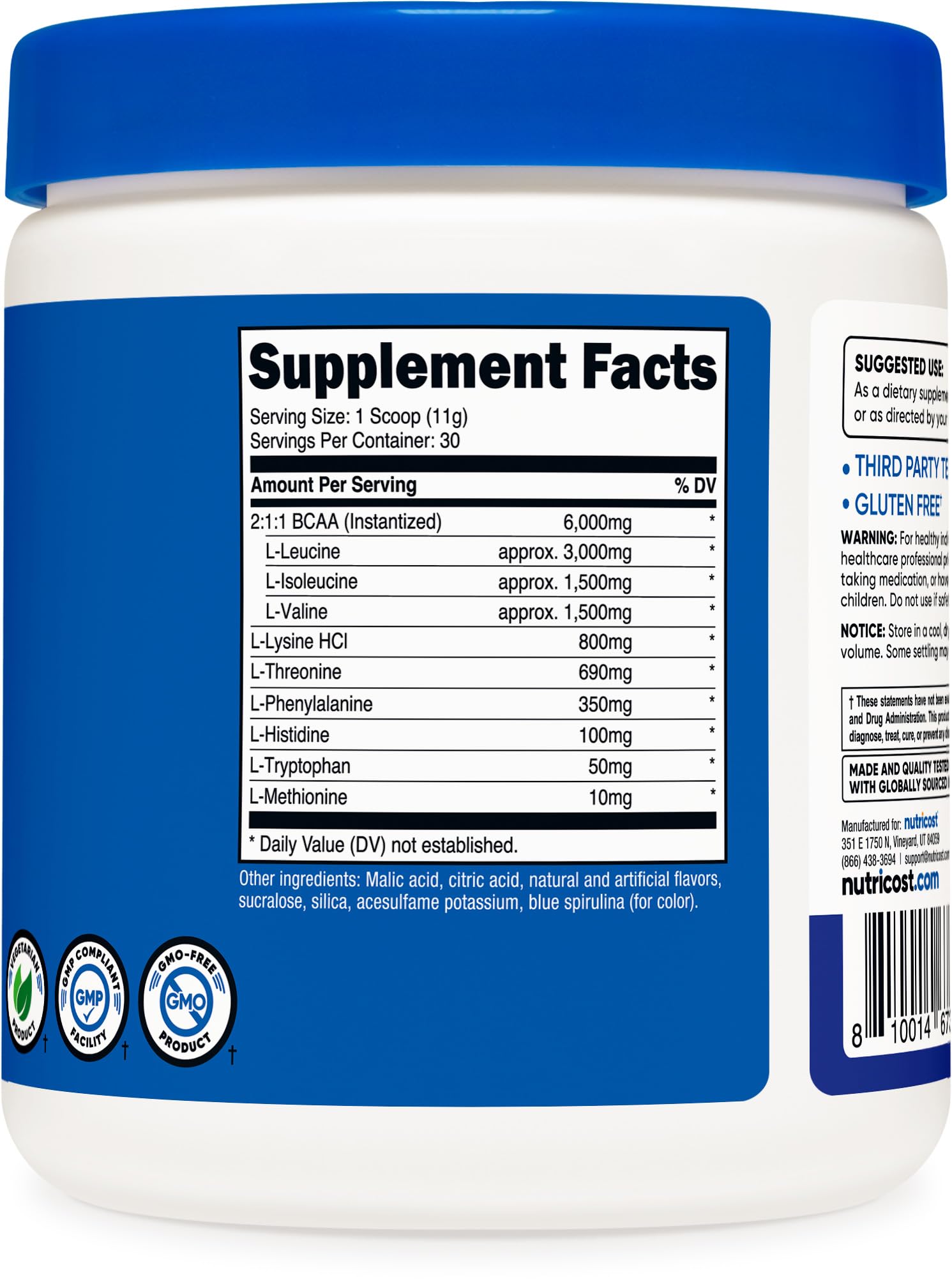 Etiqueta de Nutricost con información de seguridad y composición.