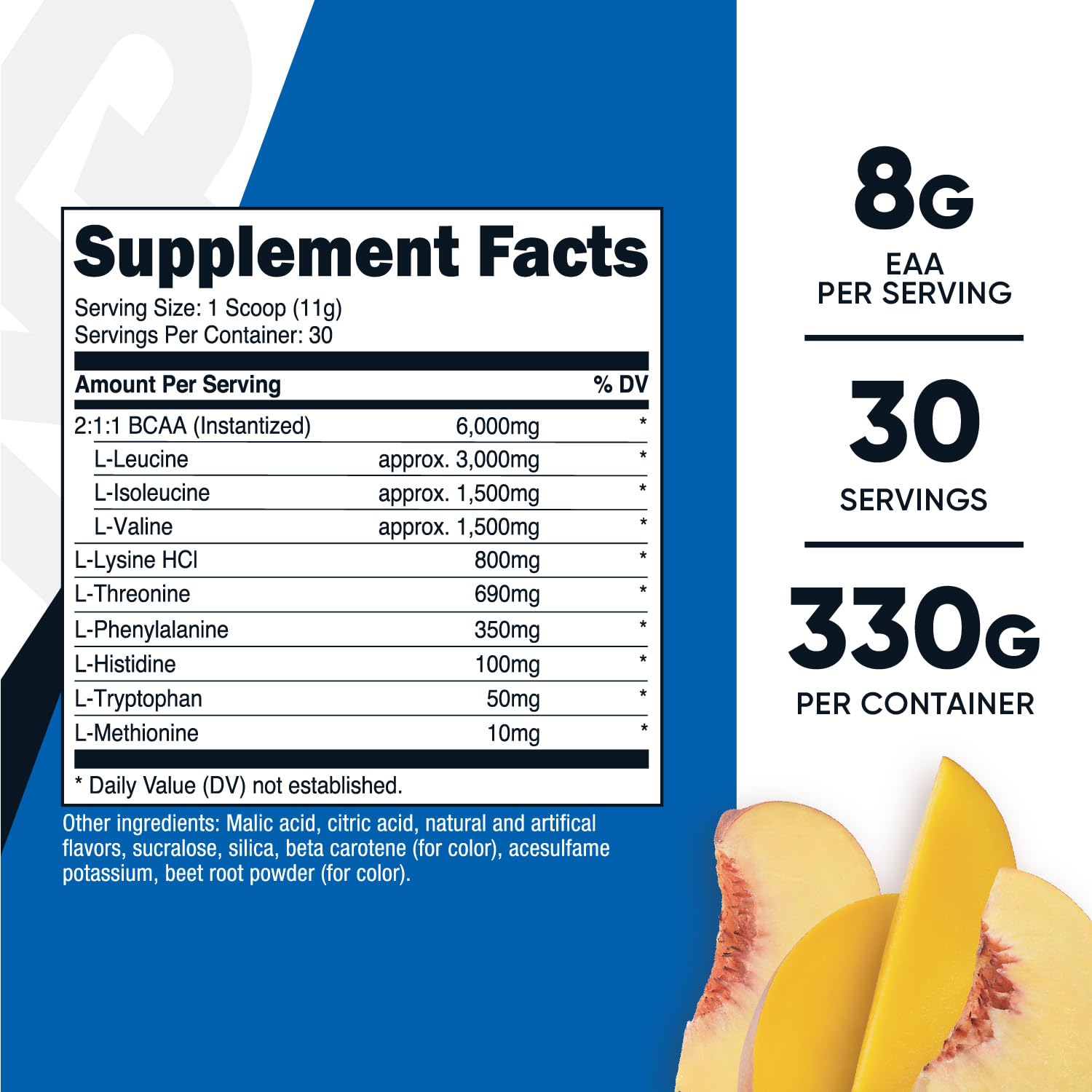 Nutricost EAA Powder Durazno Mango con cuchara de medición para dosis conveniente.