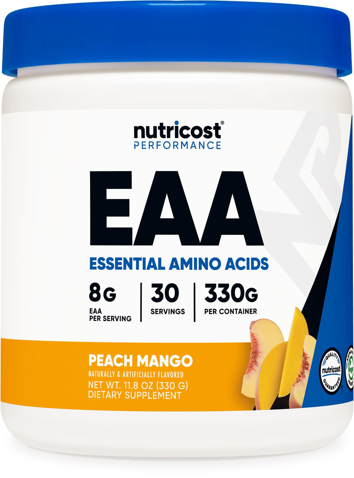Nutricost EAA Powder Durazno Mango en envase, ideal para ingesta diaria de aminoácidos.