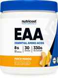 Nutricost EAA Powder Durazno Mango en envase, ideal para ingesta diaria de aminoácidos.