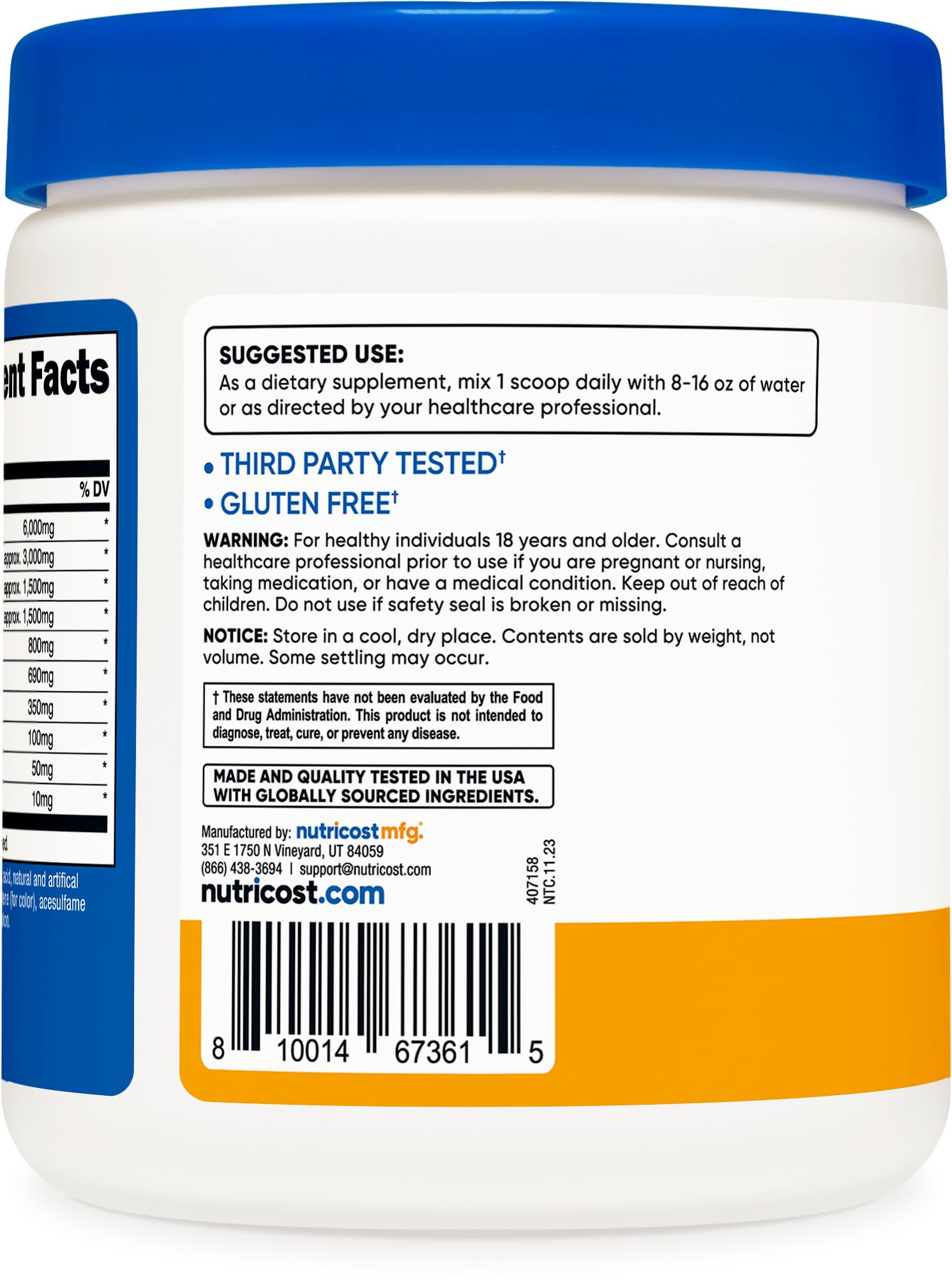 Etiqueta de Nutricost EAA Powder Durazno Mango destacando calidad y certificaciones.
