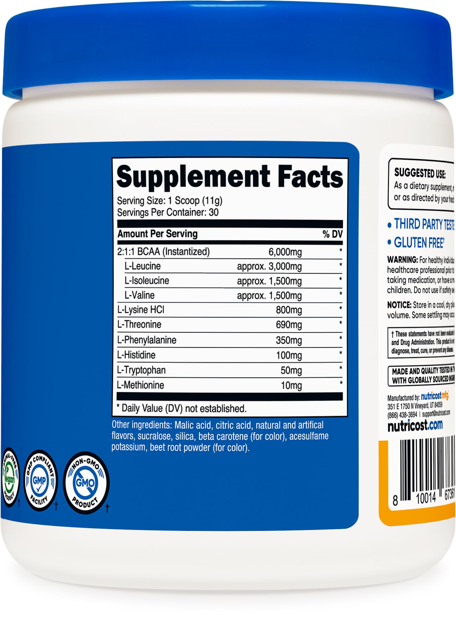 Ingredientes de Nutricost EAA Powder Durazno Mango para aminoácidos esenciales.