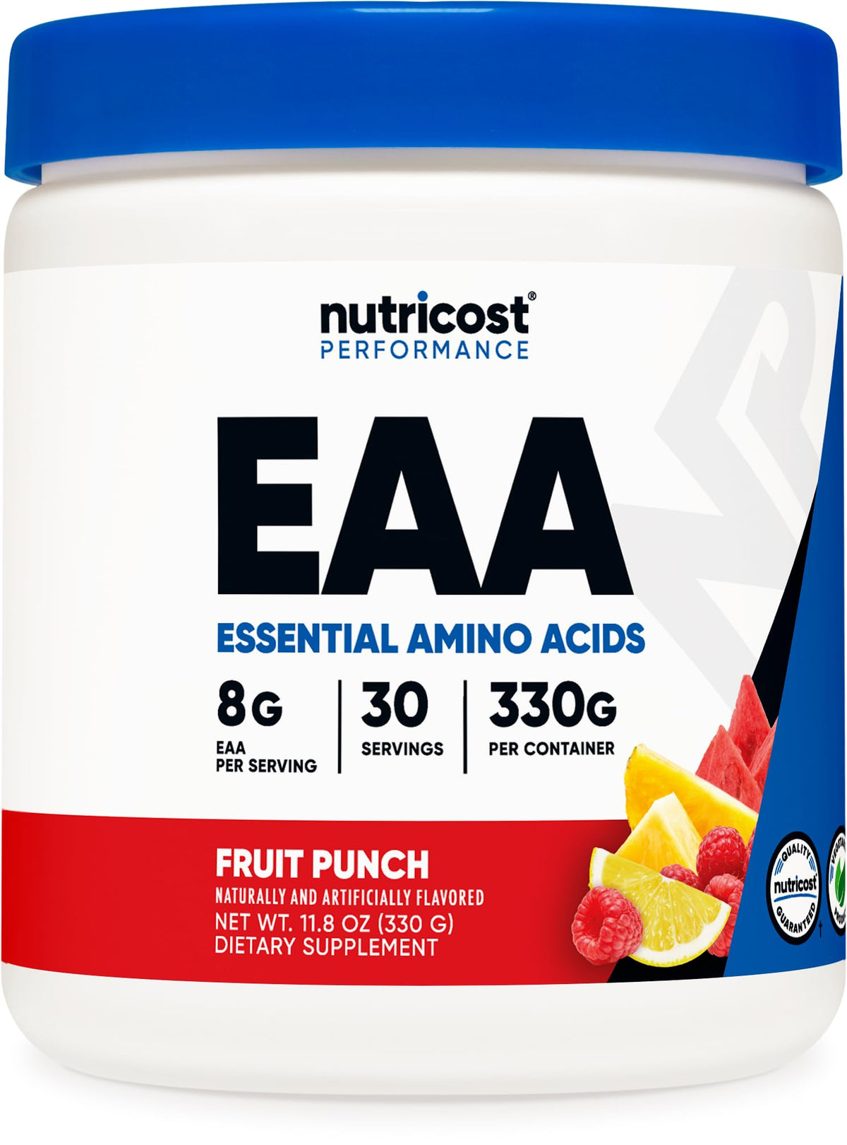 Nutricost EAA Powder en bote Fruta Punch, perfecto para apoyar entrenamientos.