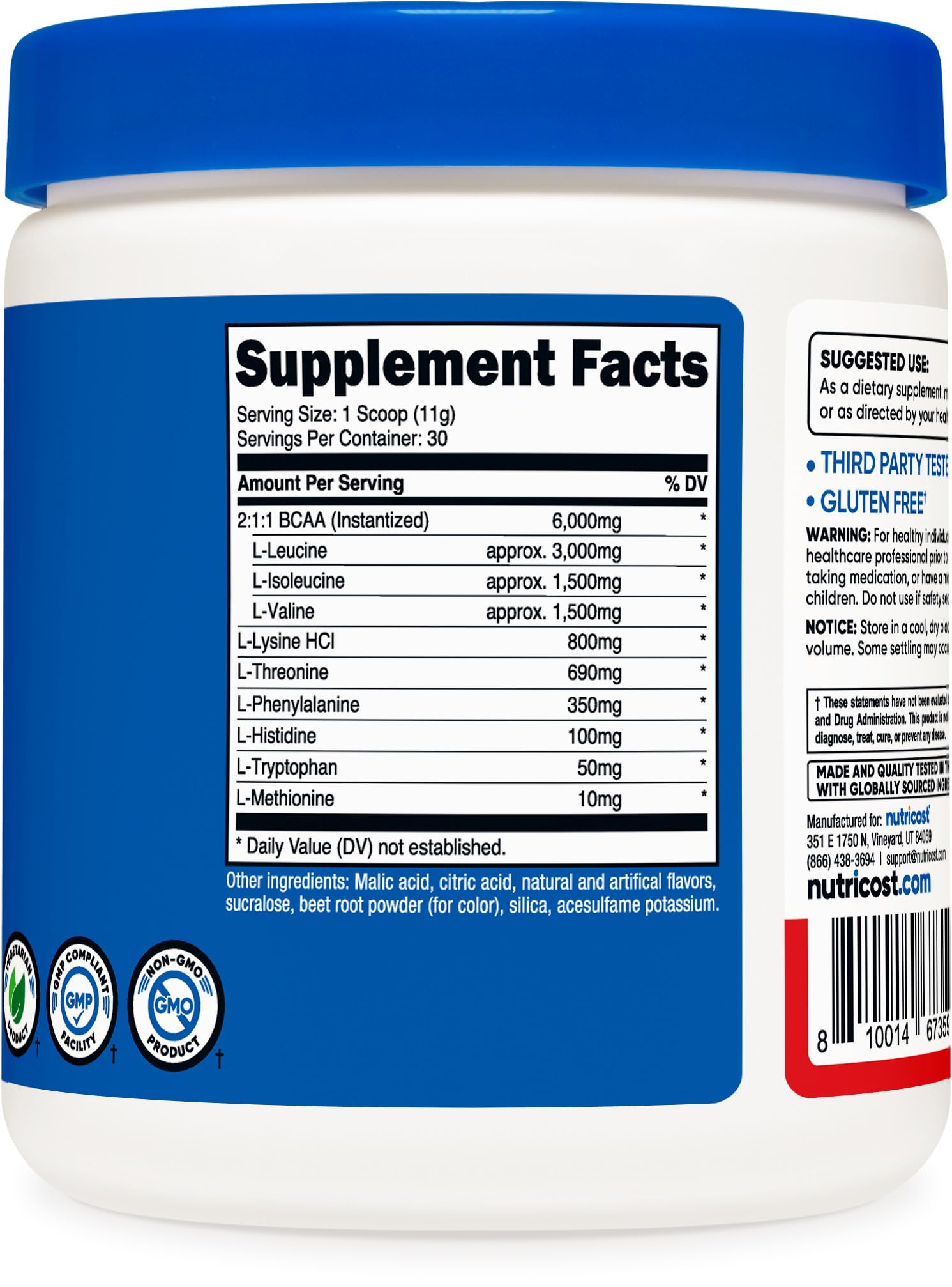 Nutricost EAA Powder etiqueta clara para calidad y trazabilidad del producto.