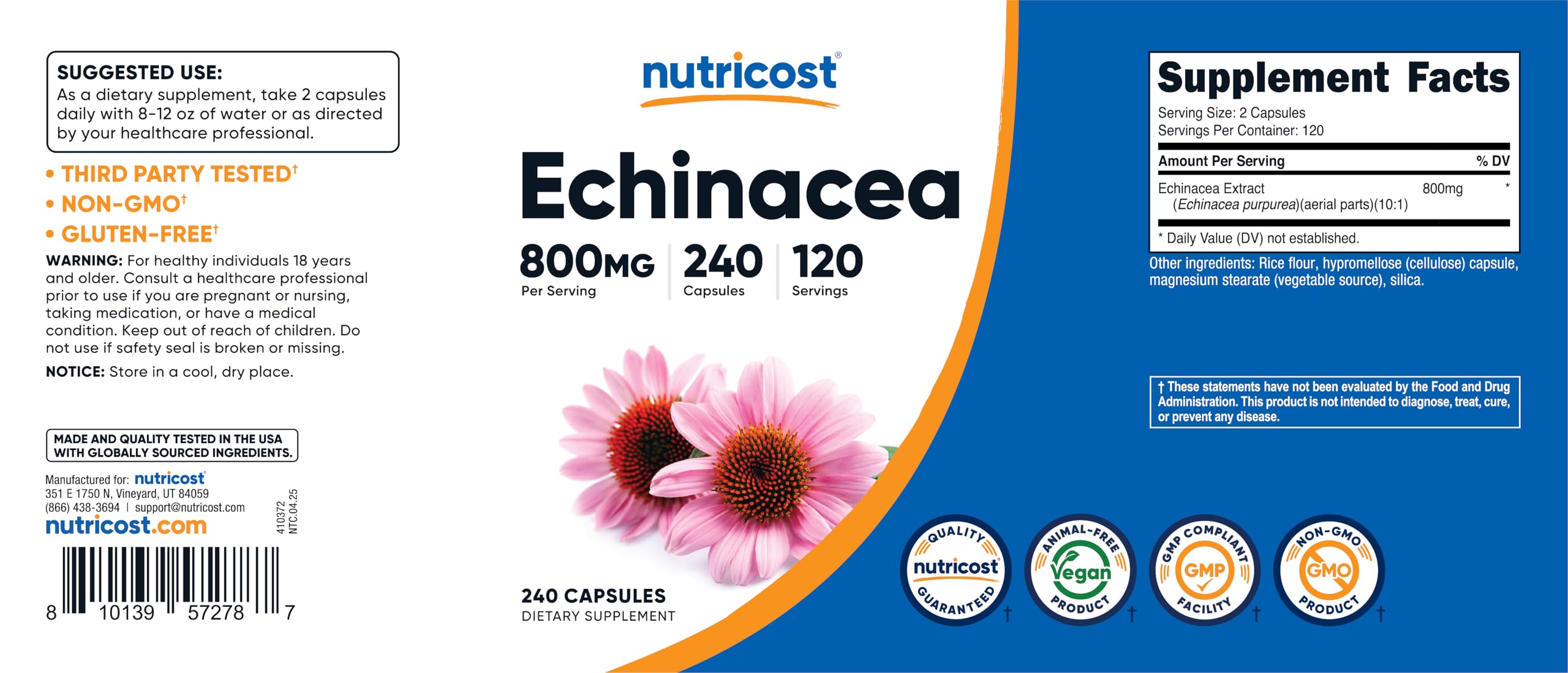 Empaque de Nutricost Echinacea 800 mg, práctico para guardar y llevar.