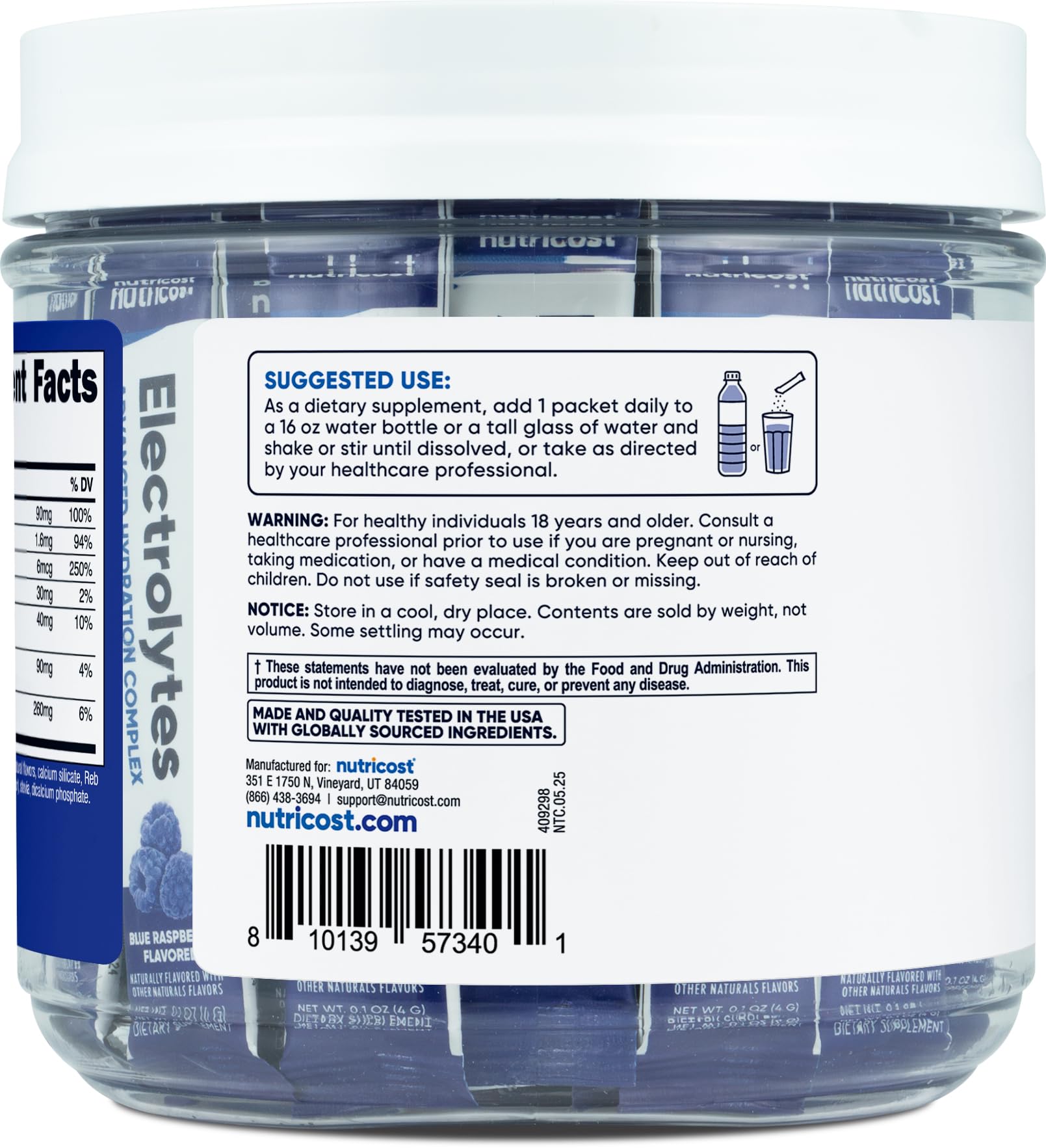 Nutricost Electrolitos Complejo, sello GMP y pruebas independientes para seguridad y calidad.