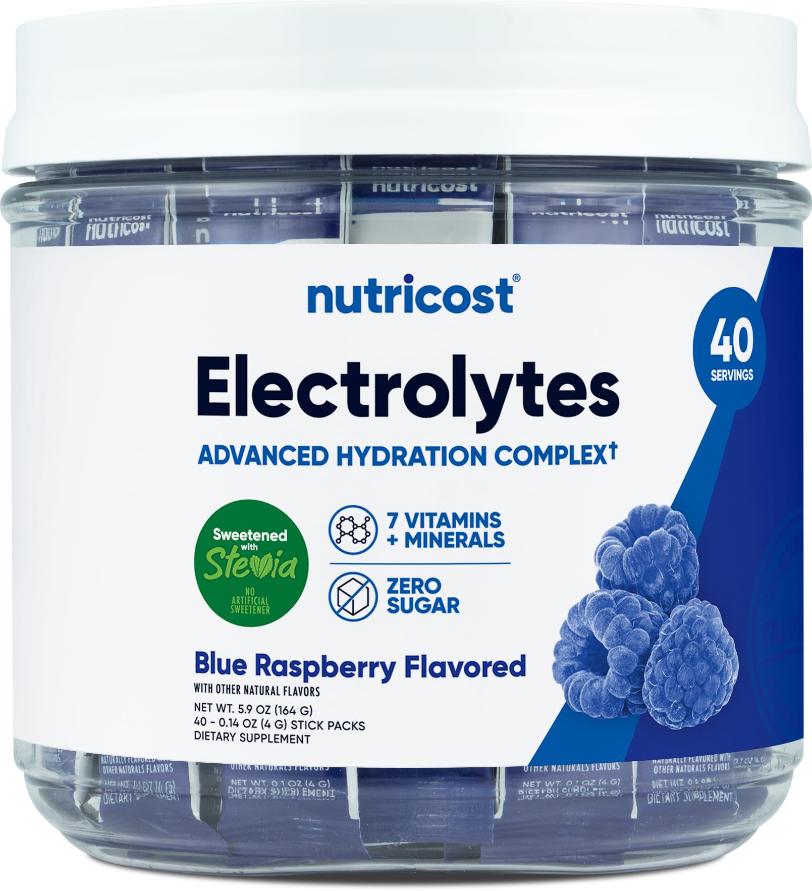 Nutricost Electrolitos Complejo, paquete individual de frambuesa azul, ideal para hidratación rápida durante el entrenamiento.