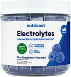 Nutricost Electrolitos Complejo, paquete individual de frambuesa azul, ideal para hidratación rápida durante el entrenamiento.