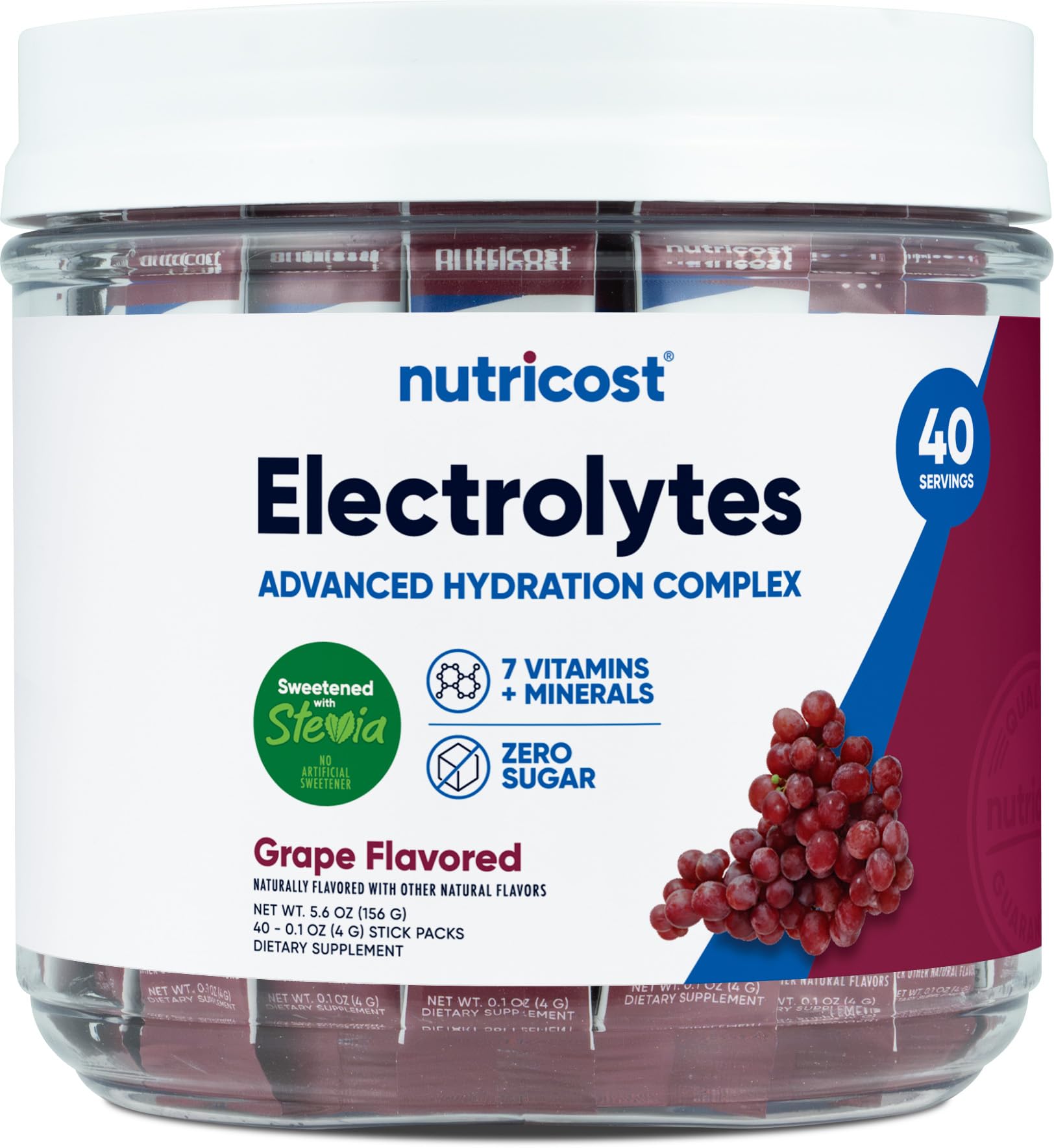 Nutricost Electrolytes Complex uva, botella mostrando sabor y hidratación diaria