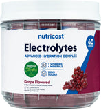 Nutricost Electrolytes Complex uva, botella mostrando sabor y hidratación diaria