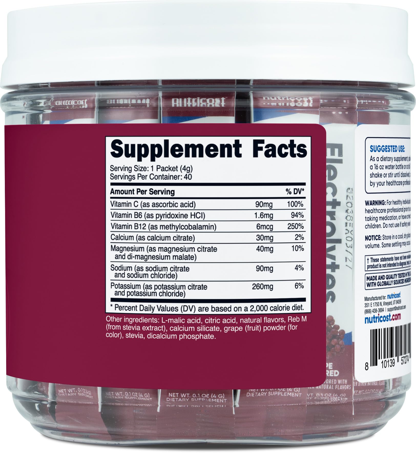 Nutricost Electrolytes Complex uva, porciones sin azúcar para reposición rápida