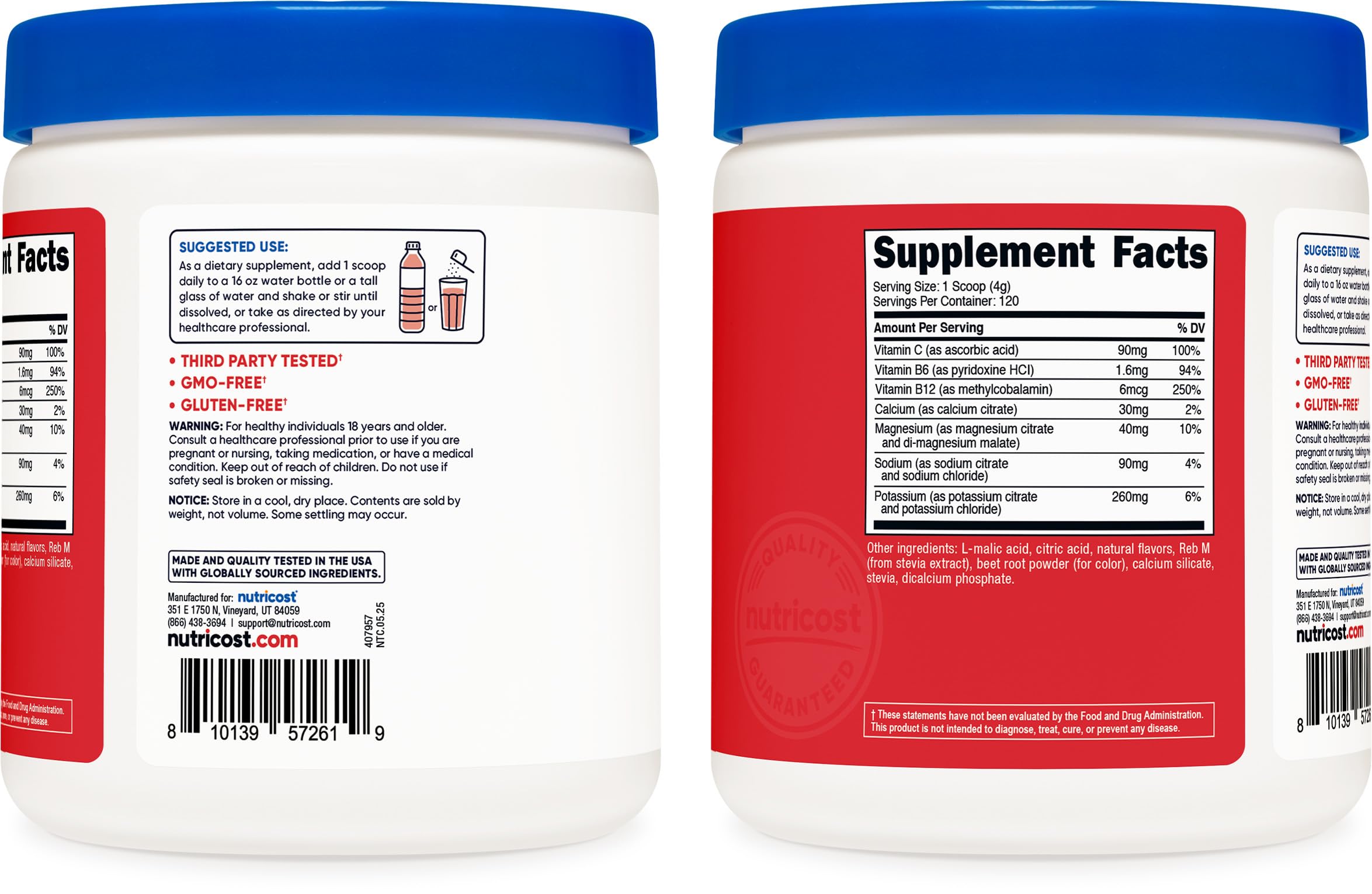 Nutricost Electrolyte Complex contenedor, almacenamiento seguro y a mano.