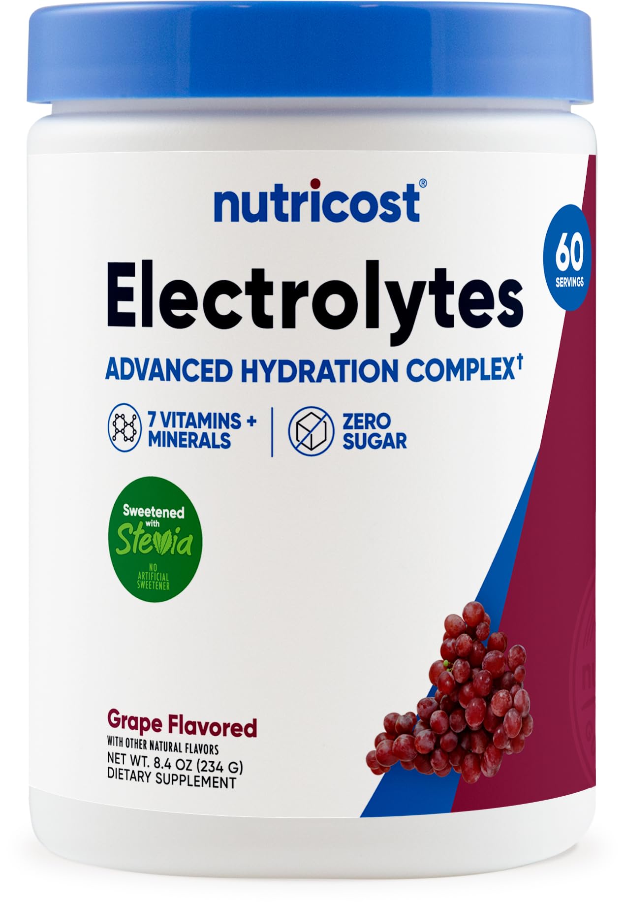 Nutricost Electrolyte Complex polvo de uva en tubo para hidratación rápida durante entrenamientos.