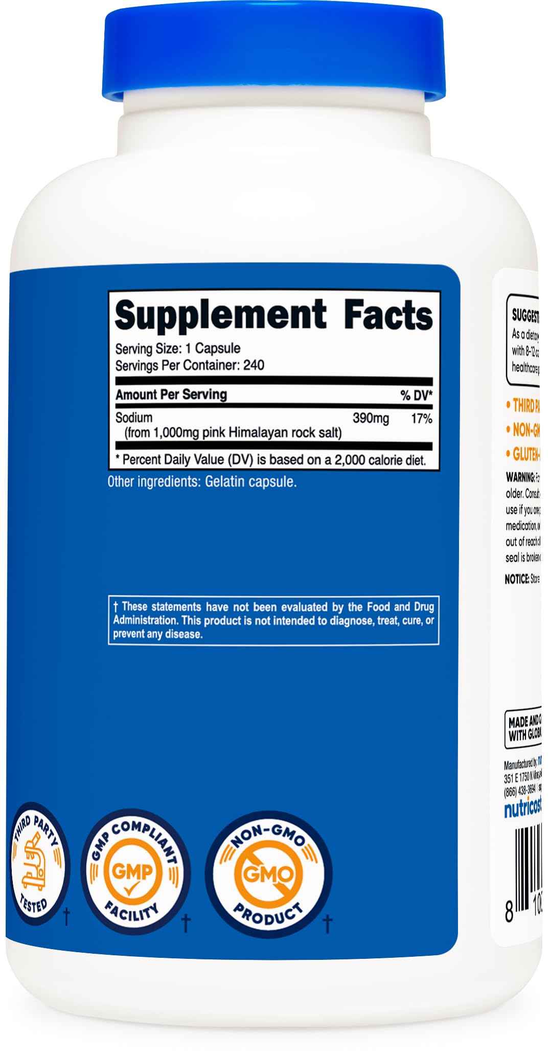Nutricost empaque compacto de 240 cápsulas, solución de sal para la dieta