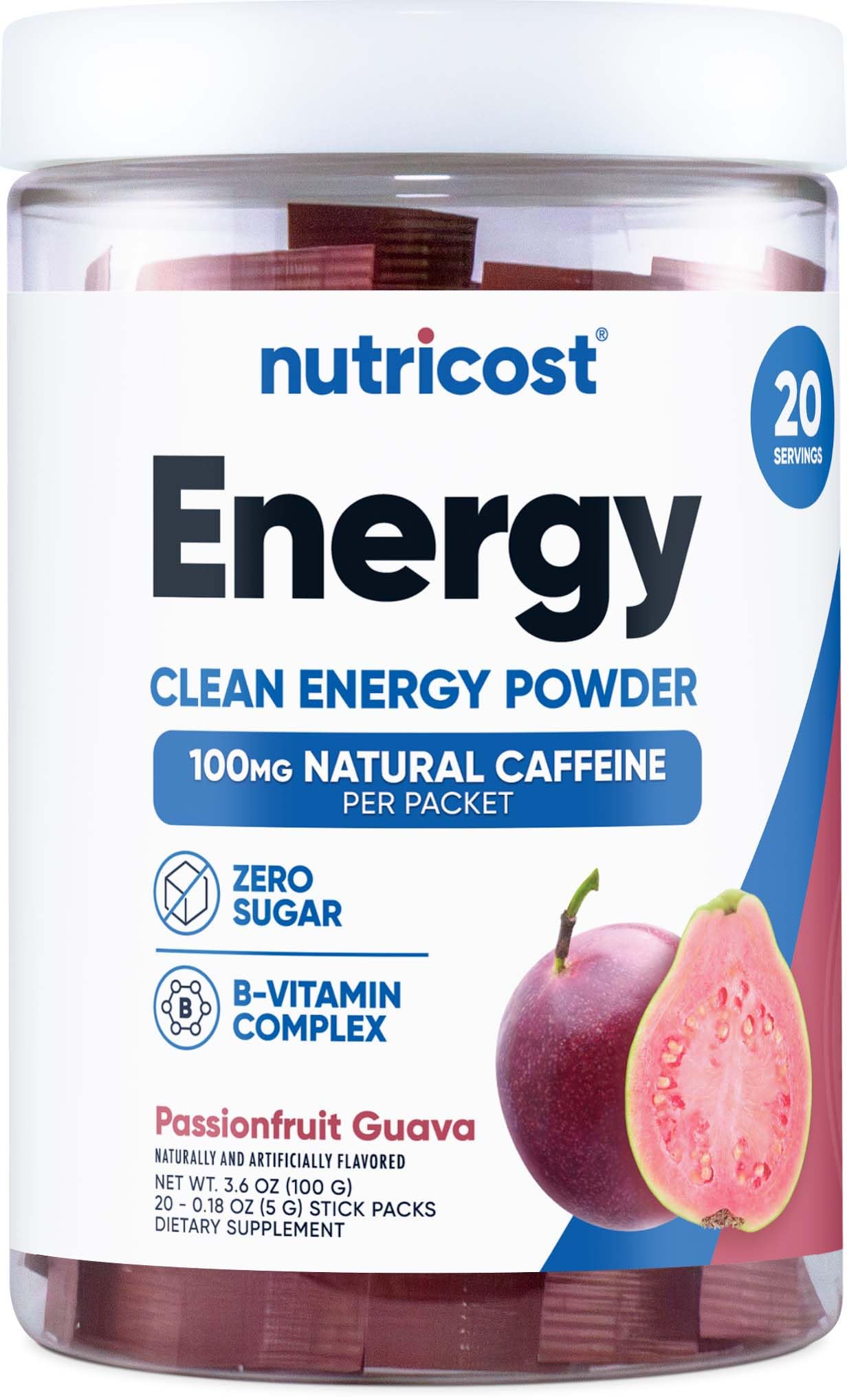 Nutricost Energía en Paquetes maracuyaguayaba: botella para energía sostenida.