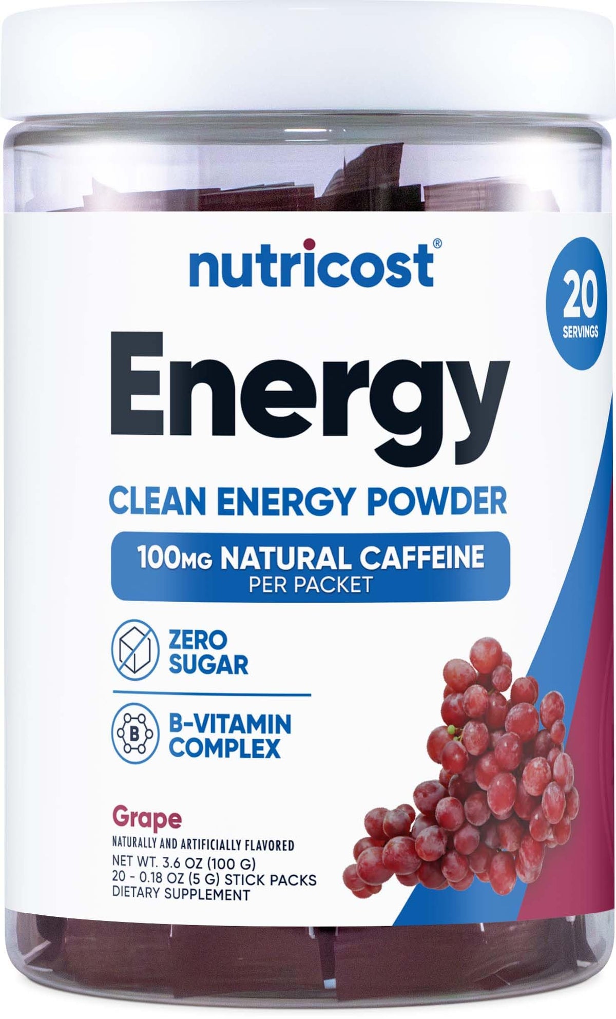 Nutricost Complejo de Energía sabor uva, listo para energizar al mezclar con agua