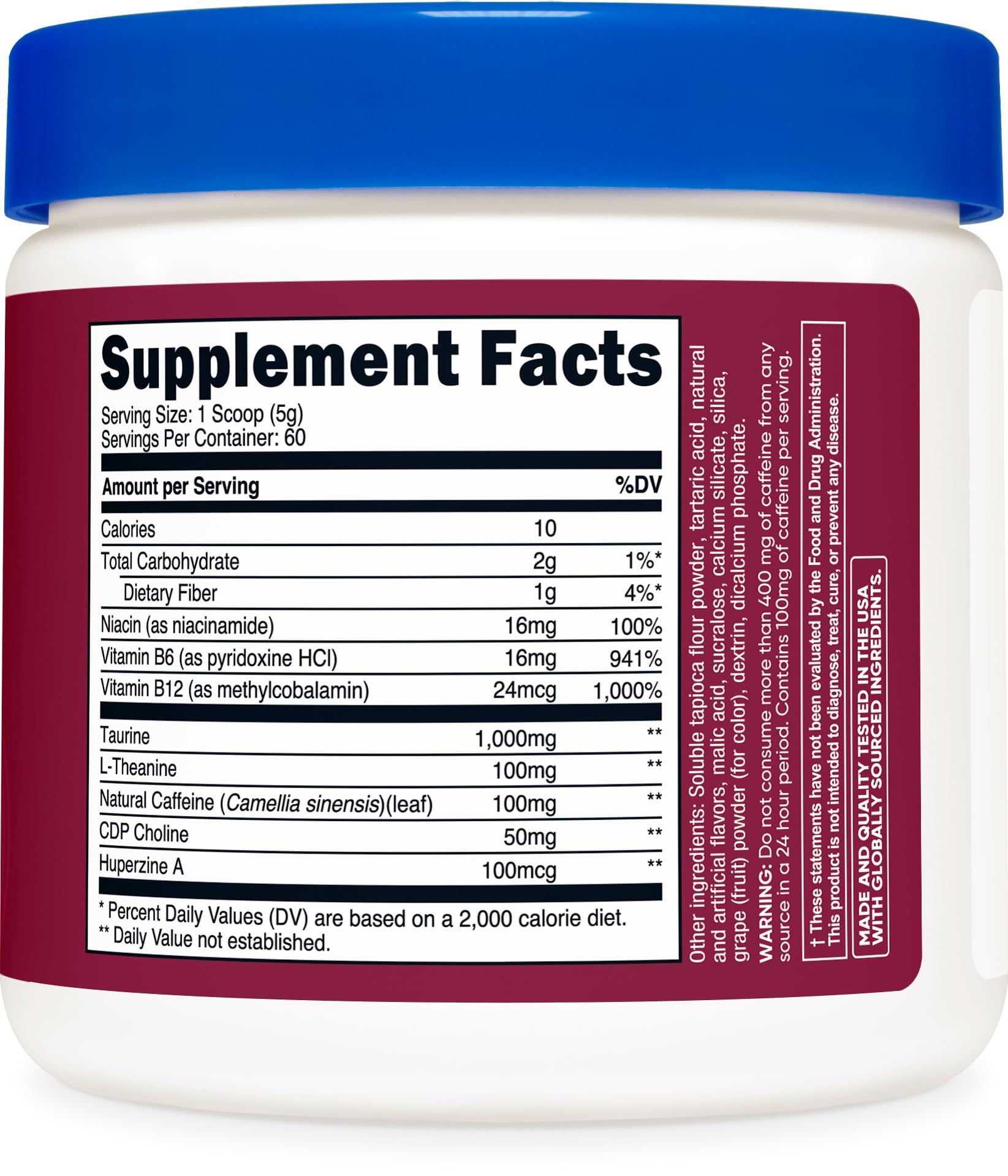 Etiqueta de Nutricost Energy Drink señala sin gluten y sin OGM para elección informada.
