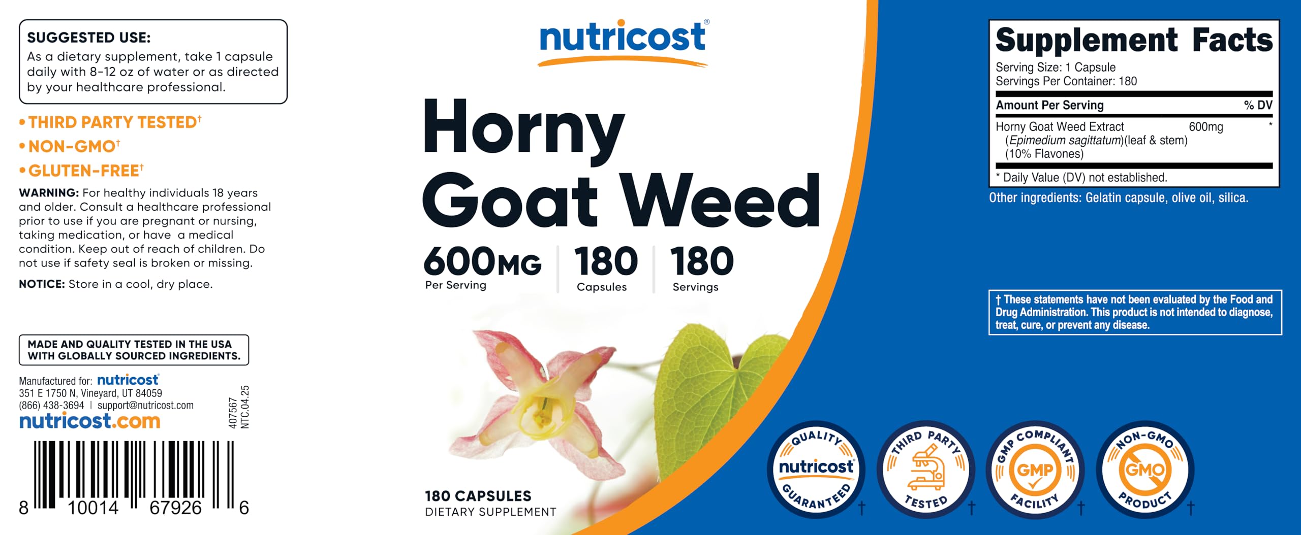 Nutricost Epimedium, detalle de cápsula, dosis de 600 mg por unidad