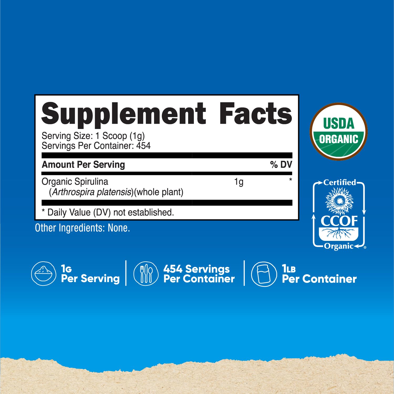 Nutricost Espirulina Orgánica en bote de 1 libra, medida fácil con la cuchara incluida.