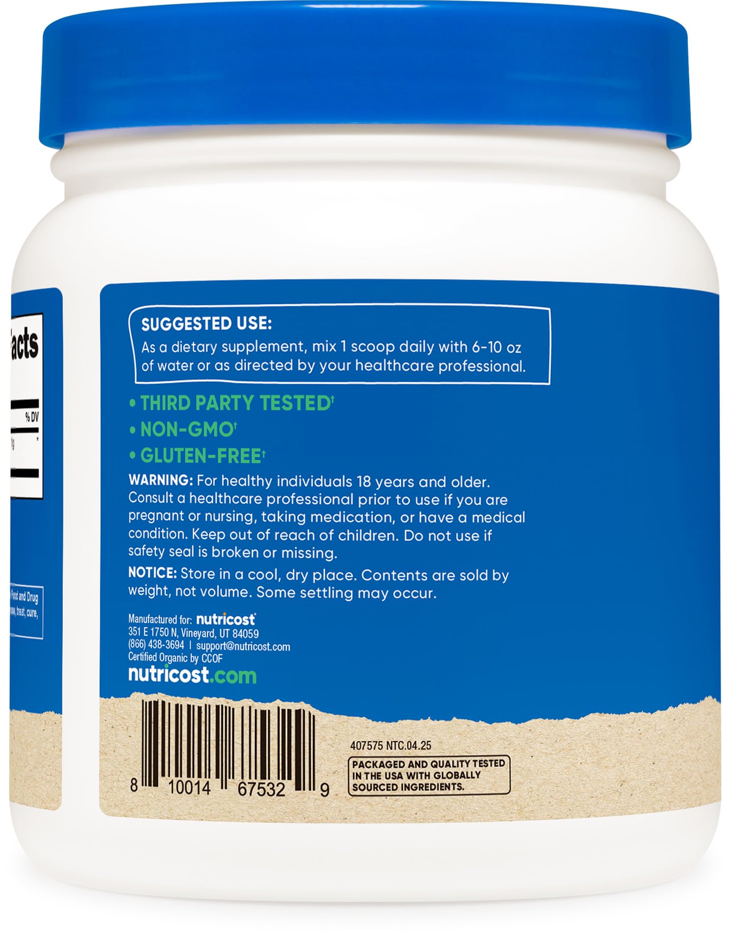 Nutricost Espirulina, cuchara medidora incluida para porciones uniformes.