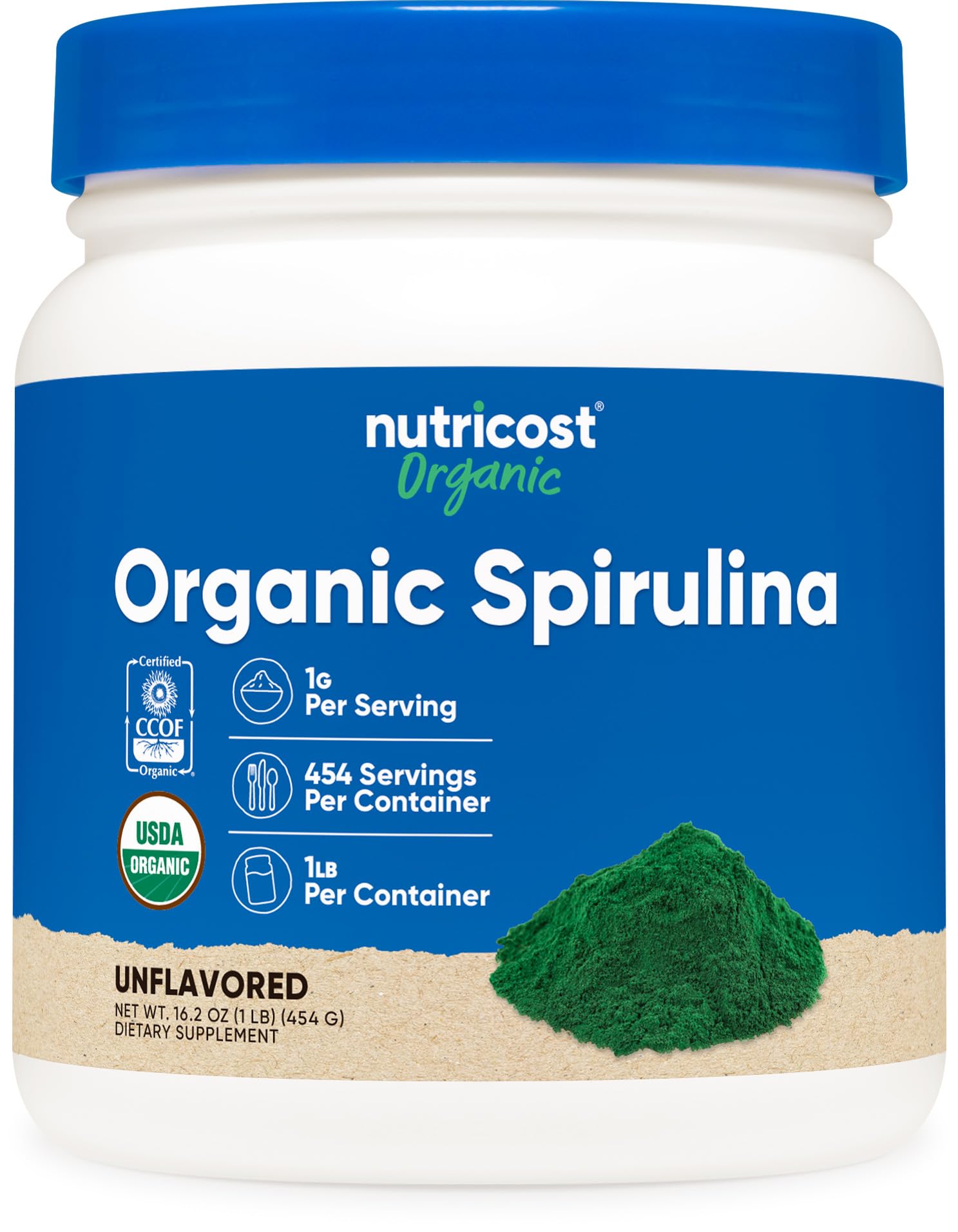 Nutricost Espirulina Orgánica en polvo 454 g, ideal para batidos nutritivos.