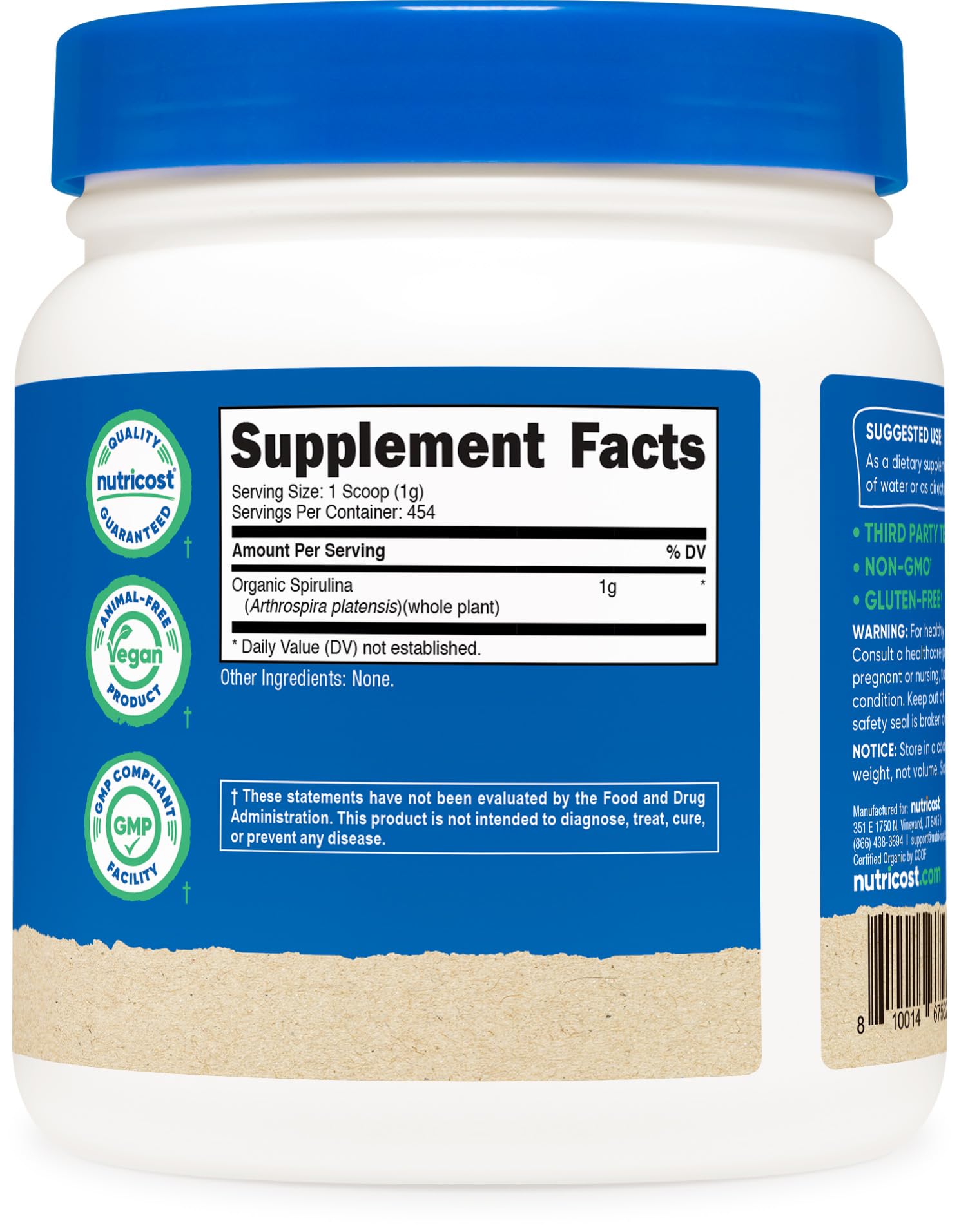 Nutricost Espirulina, proceso certificado NSF para mayor calidad del producto.