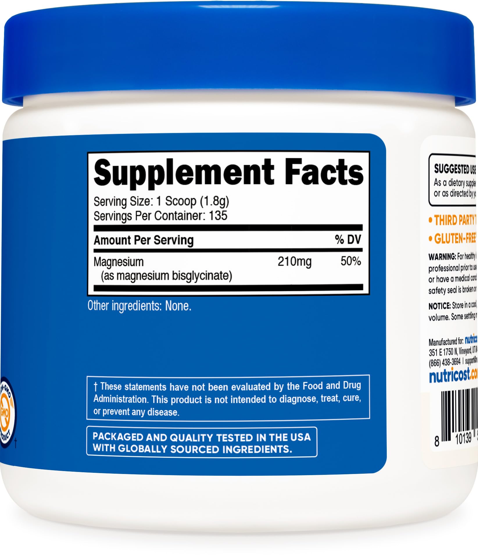 Nutricost etiqueta del producto glicinato magnesio con certificaciones GMP.