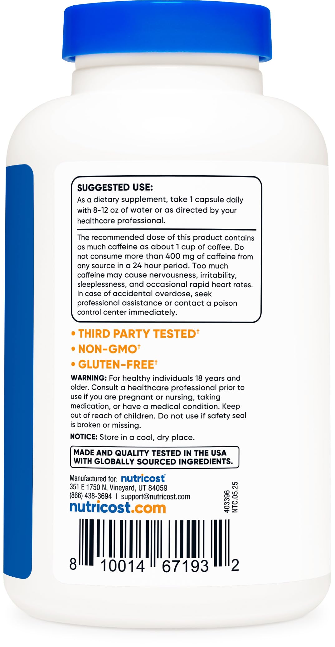 Nutricost Cafeína con L-Teanina: proceso de fabricación certificado y envase seguro.