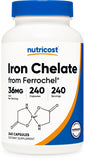 Nutricost Ferrochel frasco con cápsulas para ingesta diaria de hierro suave.