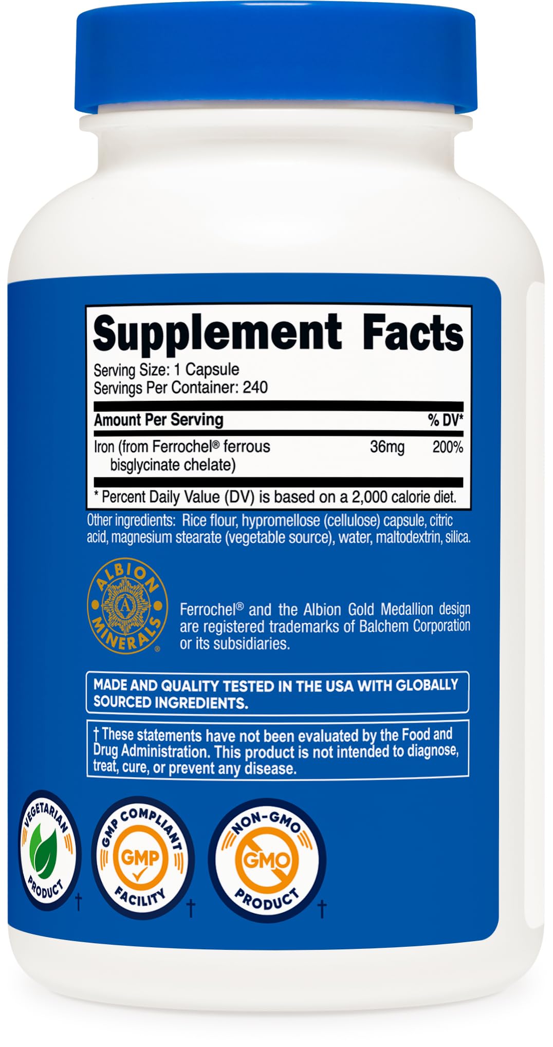 Nutricost Ferrochel logotipos de calidad y cumplimiento GMP/FDA.