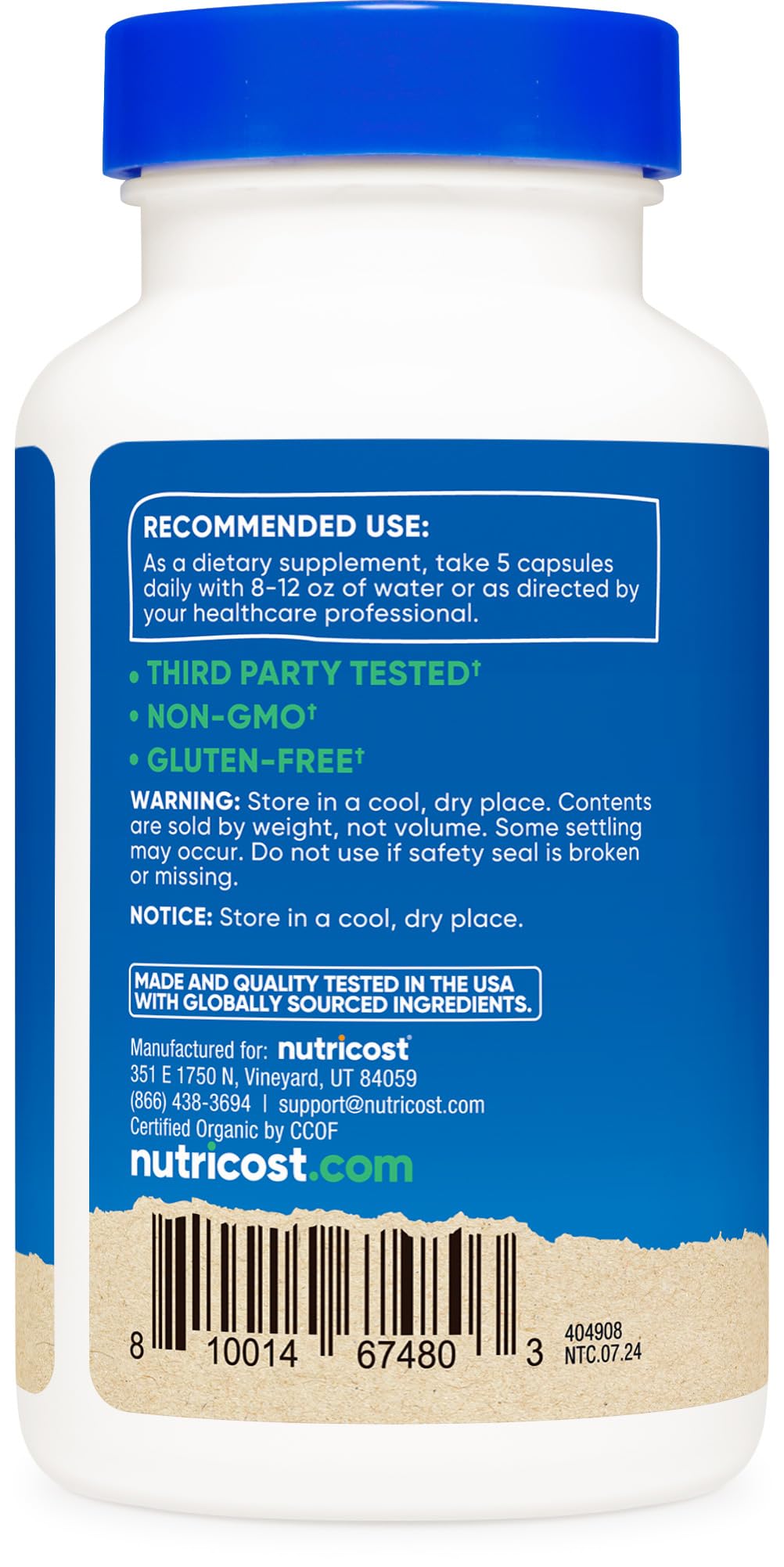 Nutricost Fibra cápsulas, diseño compacto, fácil de llevar para dosis diarias.